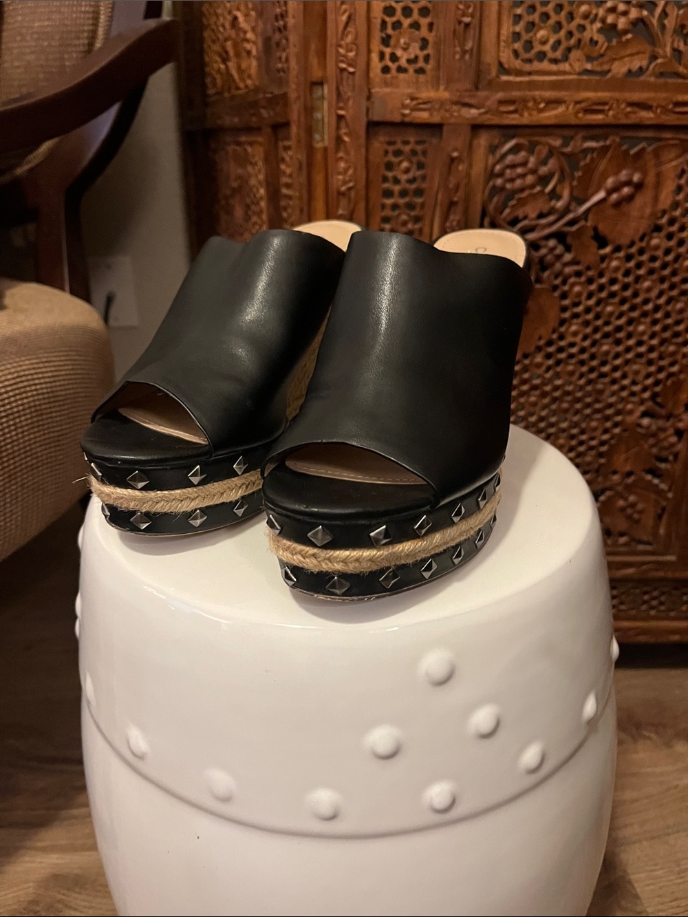 Charles by Charles David Black Studded Rope-Trim Platform Mules
